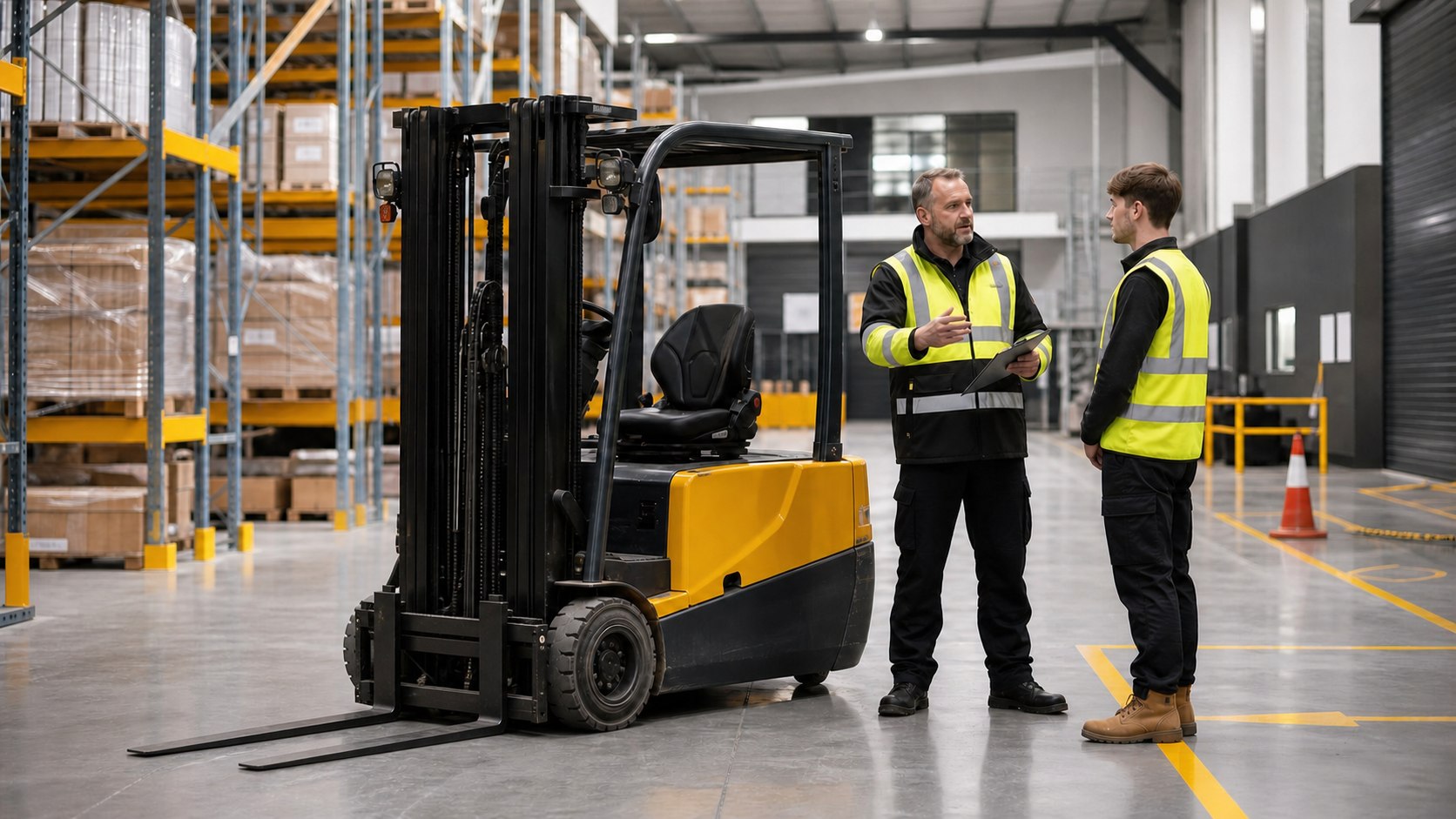 Forklift instructor briefing a candidate beside a parked counterbalance truck with its forks lowered to the floor