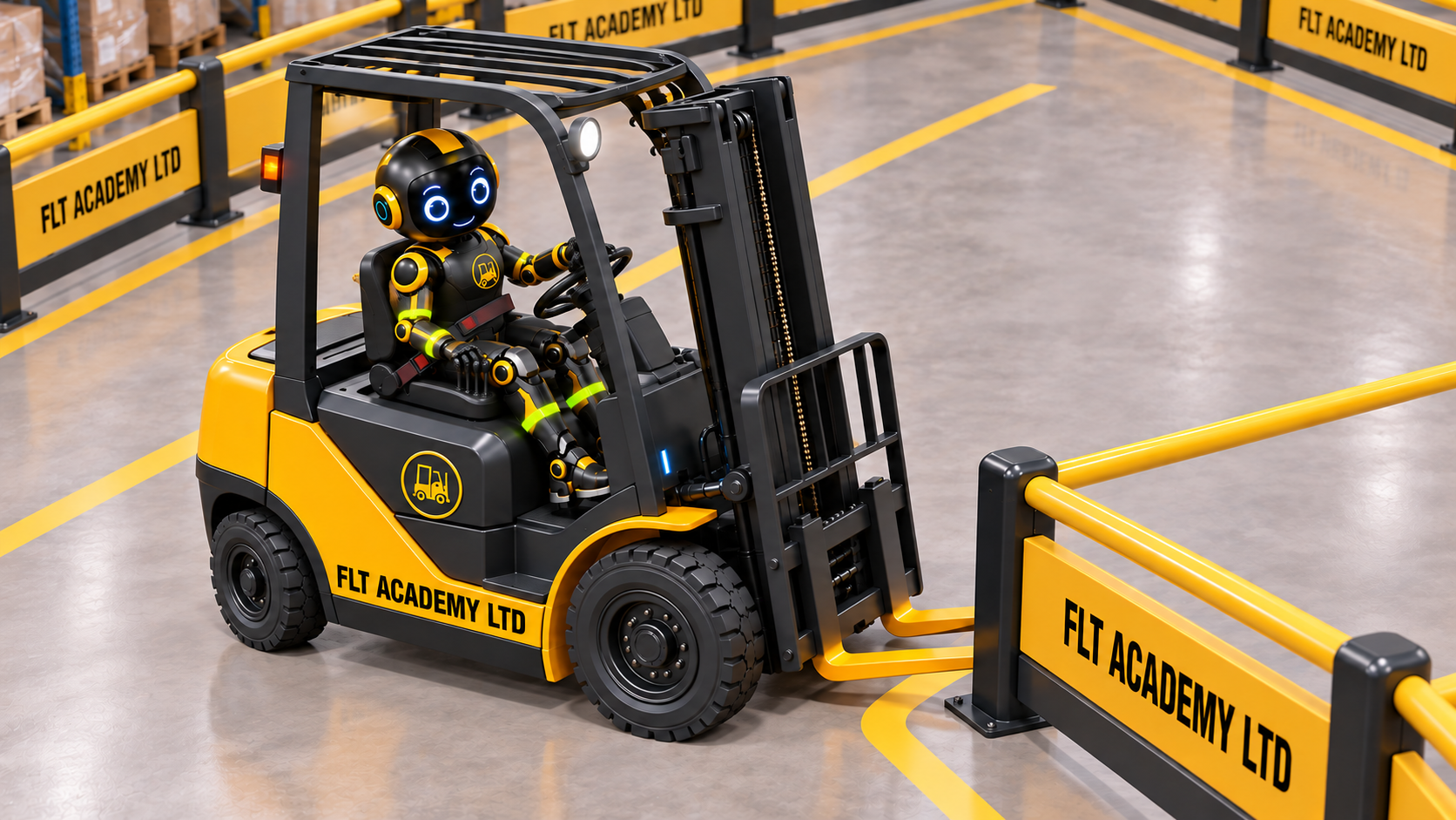 Little Cody carefully driving a forklift around a branded training chicane