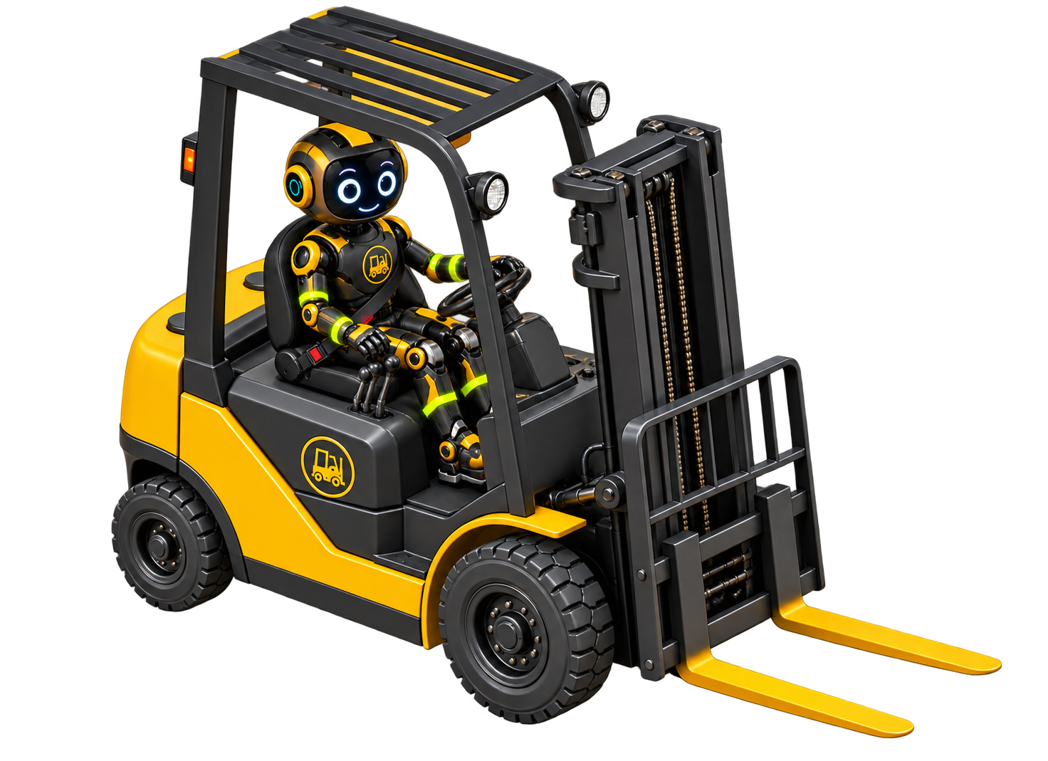 Little Cody in a counterbalance forklift with left hand steering and right hand beside the hydraulic controls