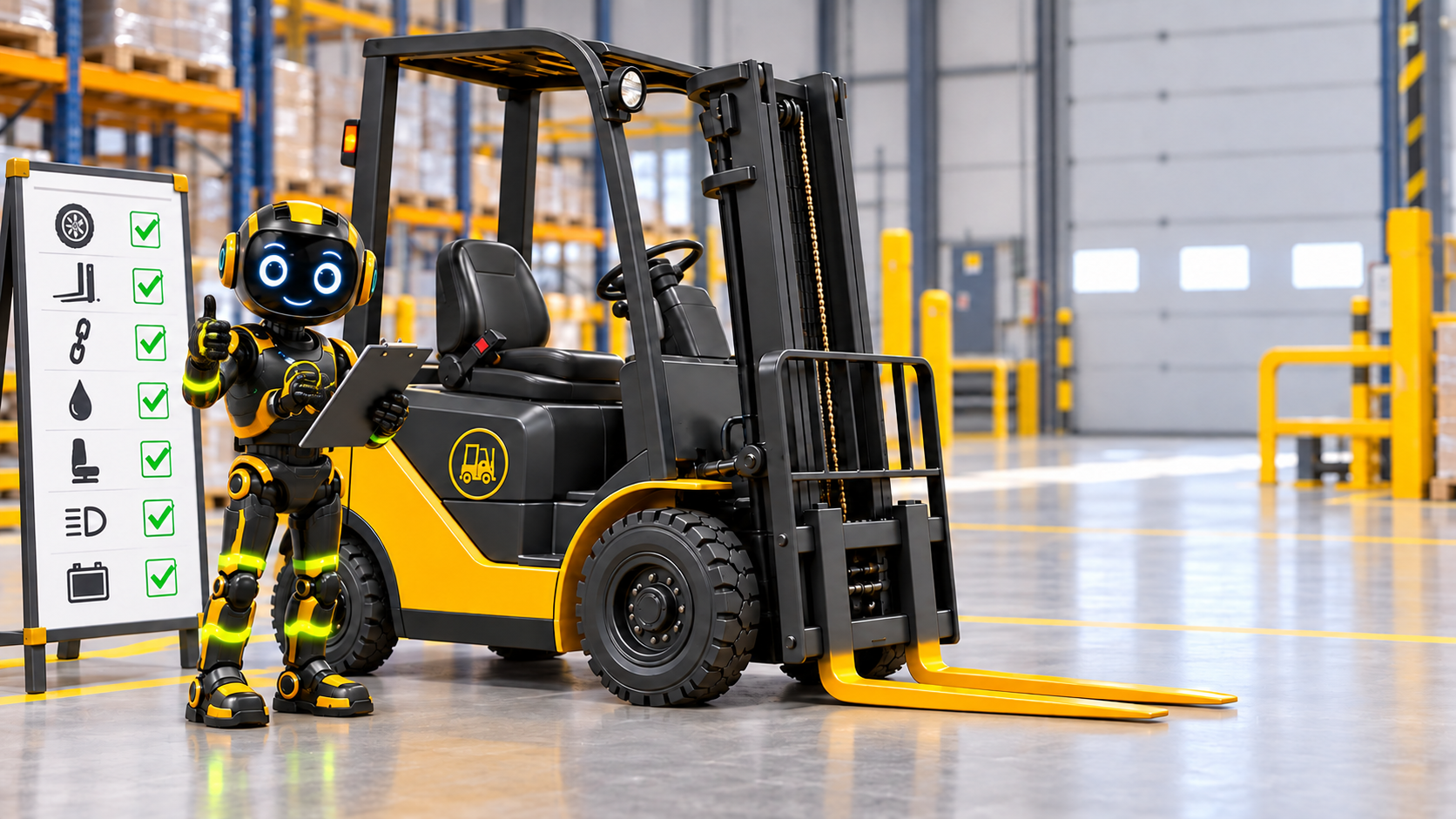Little Cody giving a thumbs up beside a checked forklift