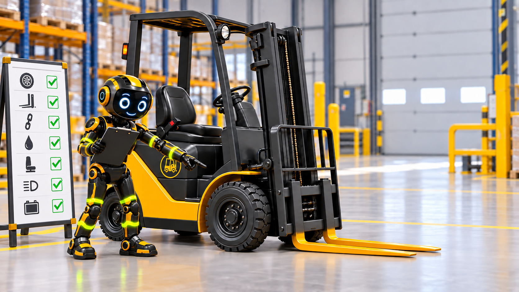 Little Cody pointing at the wheel and fork area while carrying out a forklift inspection