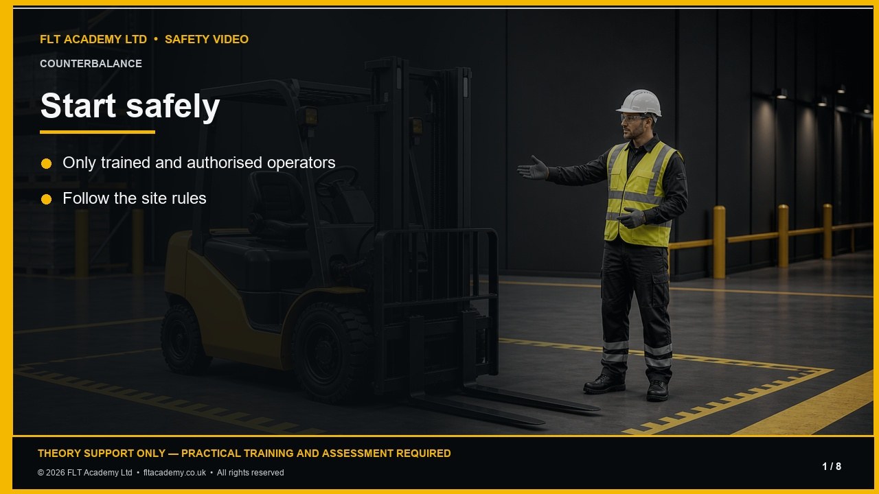 Counterbalance forklift and instructor in an FLT Academy safety video