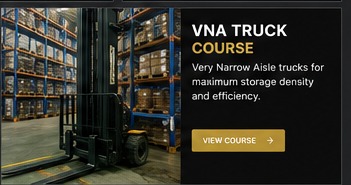 VNA forklift in a narrow aisle warehouse