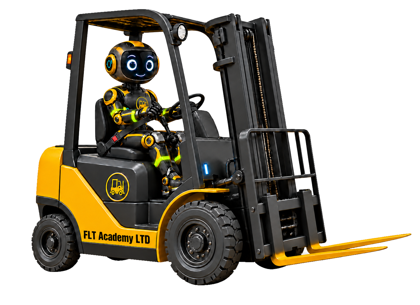 Little Cody, FLT Academy's mascot, in an illustrated forklift